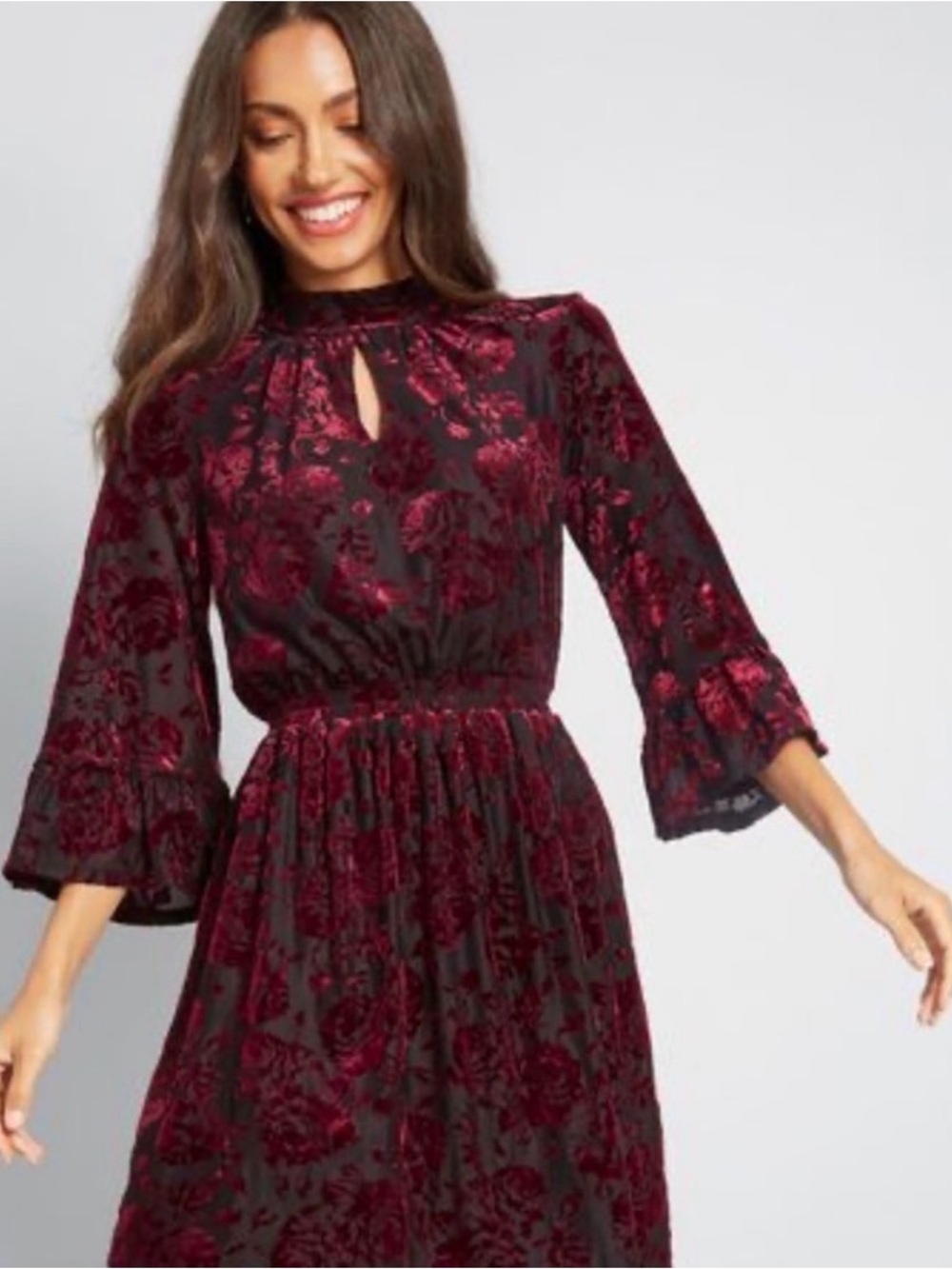 ModCloth Velvet Floral Keyhole Midi Dress - Burgundy